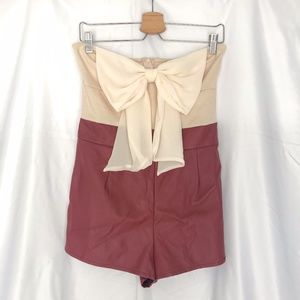 Cream Top with Red Faux Leather Shorts Romper